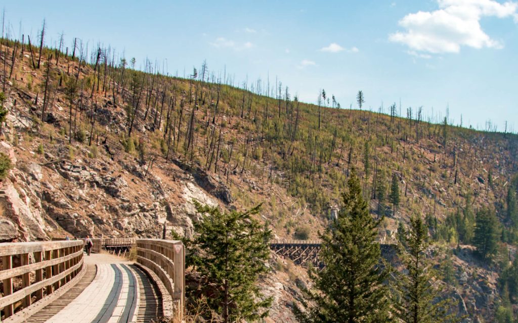A wooden walkway leads past dry, desert-like hills covered in burned trees location Myra Canyon.