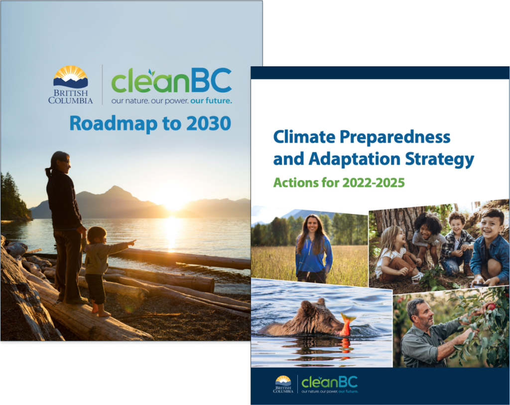 The covers of the CleanBC Roadmap to 2030 and Climate Preparedness and Adaptation Strategy documents.